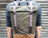 Waxed canvas rucksack/backpack with roll up top and double waxed bottem UNISEX - treesizeverse