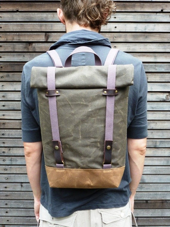Waxed canvas rucksack/backpack with roll up top and double waxed bottom UNISEX