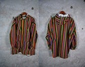 men's vintage, 1990's CROSS COLOURS multi color striped hooded denim coat, jacket, oversized, XL