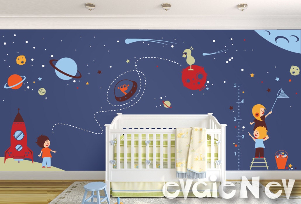 Large Children Wall Decal - Nursery Outer Space Theme with Stars, Spaceship, Aliens and Astronauts- PLOS070