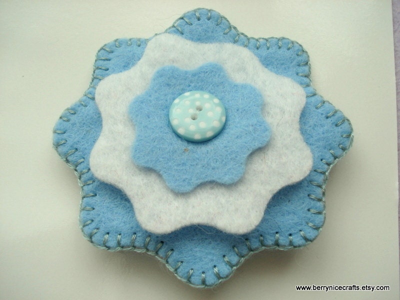 Felt Brooch Layered Flower Brooch with Button Trim Blue Brooch