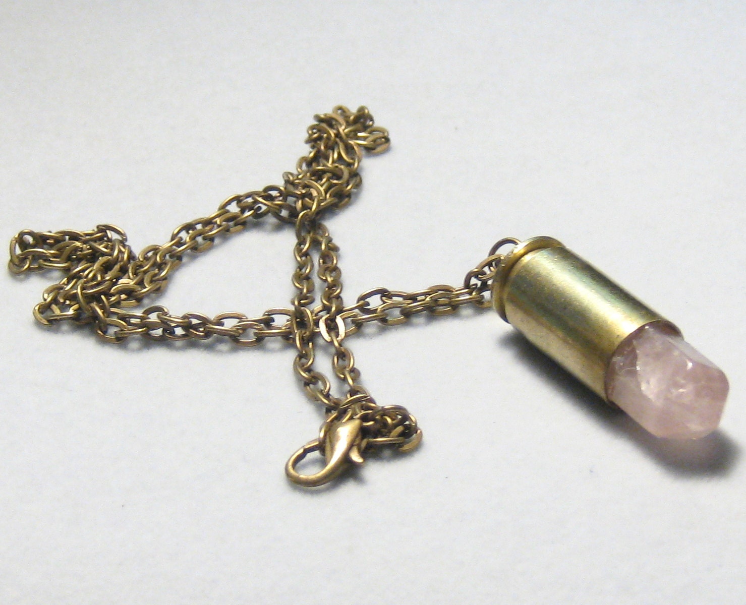Rose Quartz Crystal Brass Bullet Necklace