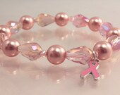 Breast Cancer Ribbon Crystal and Pearl Stretch Bracelet