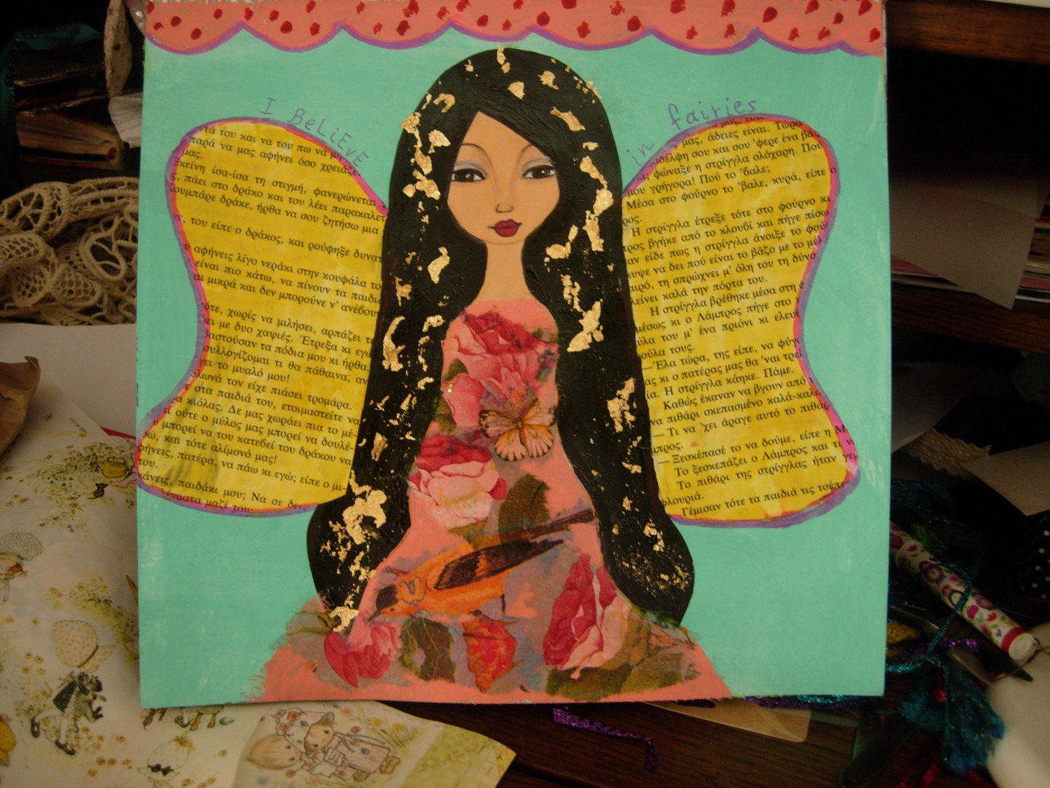 I Believe In Fairies -Original mixed media painting and collage on watercolor paper by a Pink Dreamer