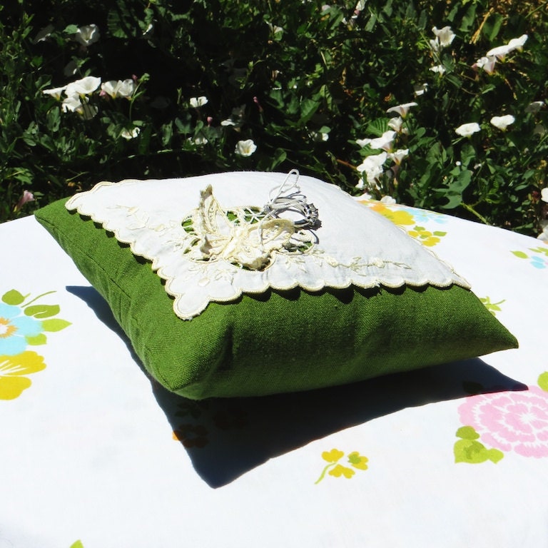 Green Ring Bearer Pillow with White and Yellow Butterfly