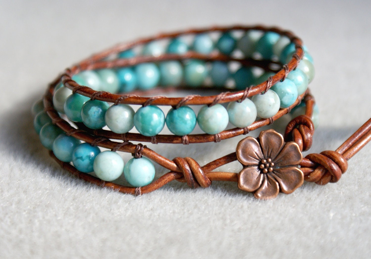 Turquoise Jasper Bohemian beaded leather wrap bracelet, 2x Wrap bracelet, Chan Luu style, flower button, blue, copper