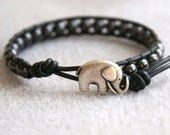 Hematite Bohemian beaded leather wrap bracelet, good luck elephant, 1x wrap bracelet, Chan Luu style, gunmetal, black
