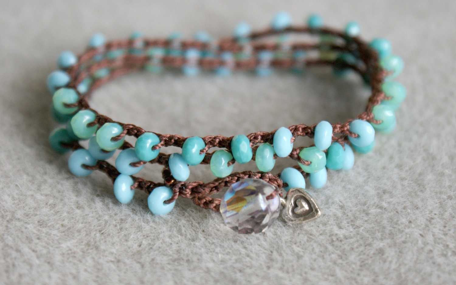 Blue Turquoise Bohemian wrap bracelet, necklace, anklet, crochet jewelry, beachy jewelry, 3x wrap, crochet beaded, Sterling silver heart - OlenaDesigns