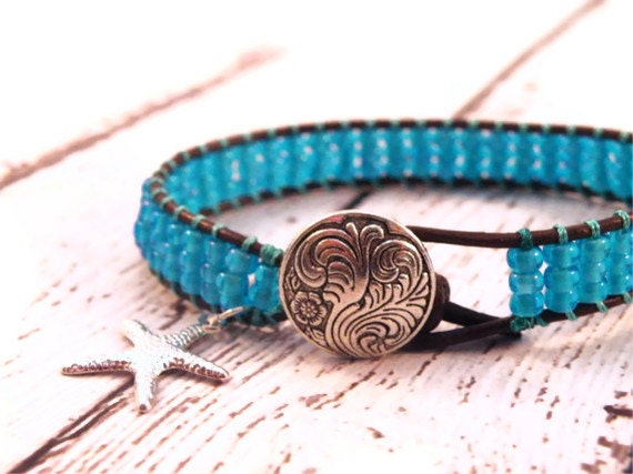 Waves of the Sea Turquoise Leather Wrap Bracelet with TurquoiseSeed Beads/ "Big Wave"/ Boho Surf Girl Chic/ Free Shipping