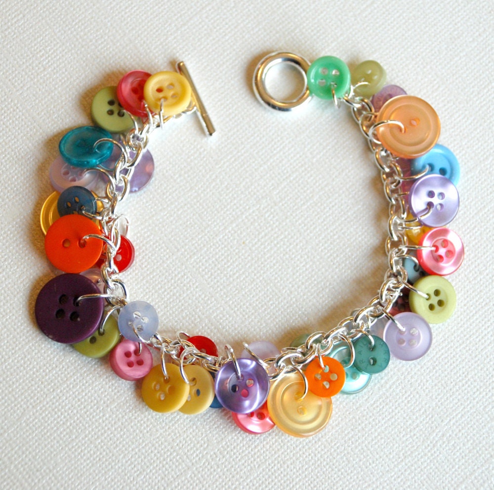 Vintage button charm bracelet, multicolor rainbow hues