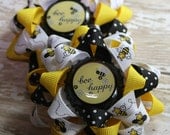 Yellow Black and White Polka Dot Bee Happy Honey Bee Loopy Flower Girls Hair bows Pig Tail Bows Bottle Cap Bows - Three Layered