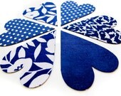 Navy & white heart magnets - set of 6 upcycled fabric magnets