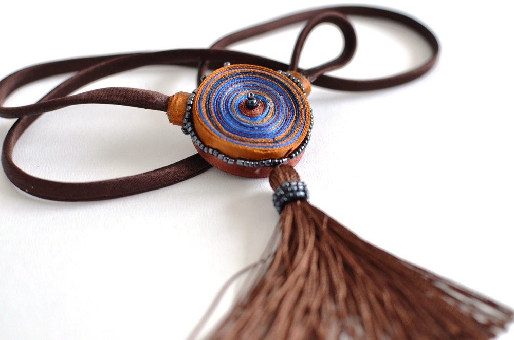 Textile Necklace Brown - Pendant Blue Brown - Textile Jewelry - OOAK Ready To Ship