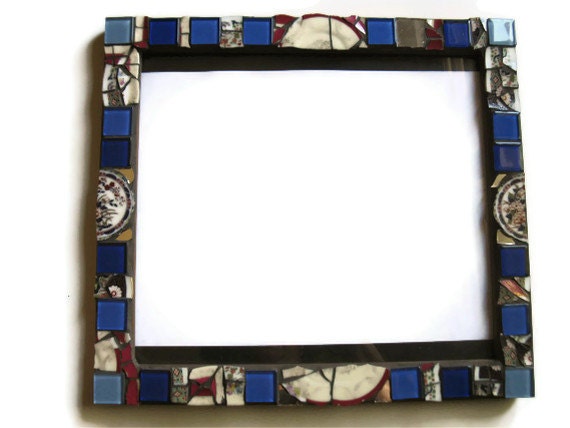 Mosaic Picture Frame Broken china Blue Red White glass tiles