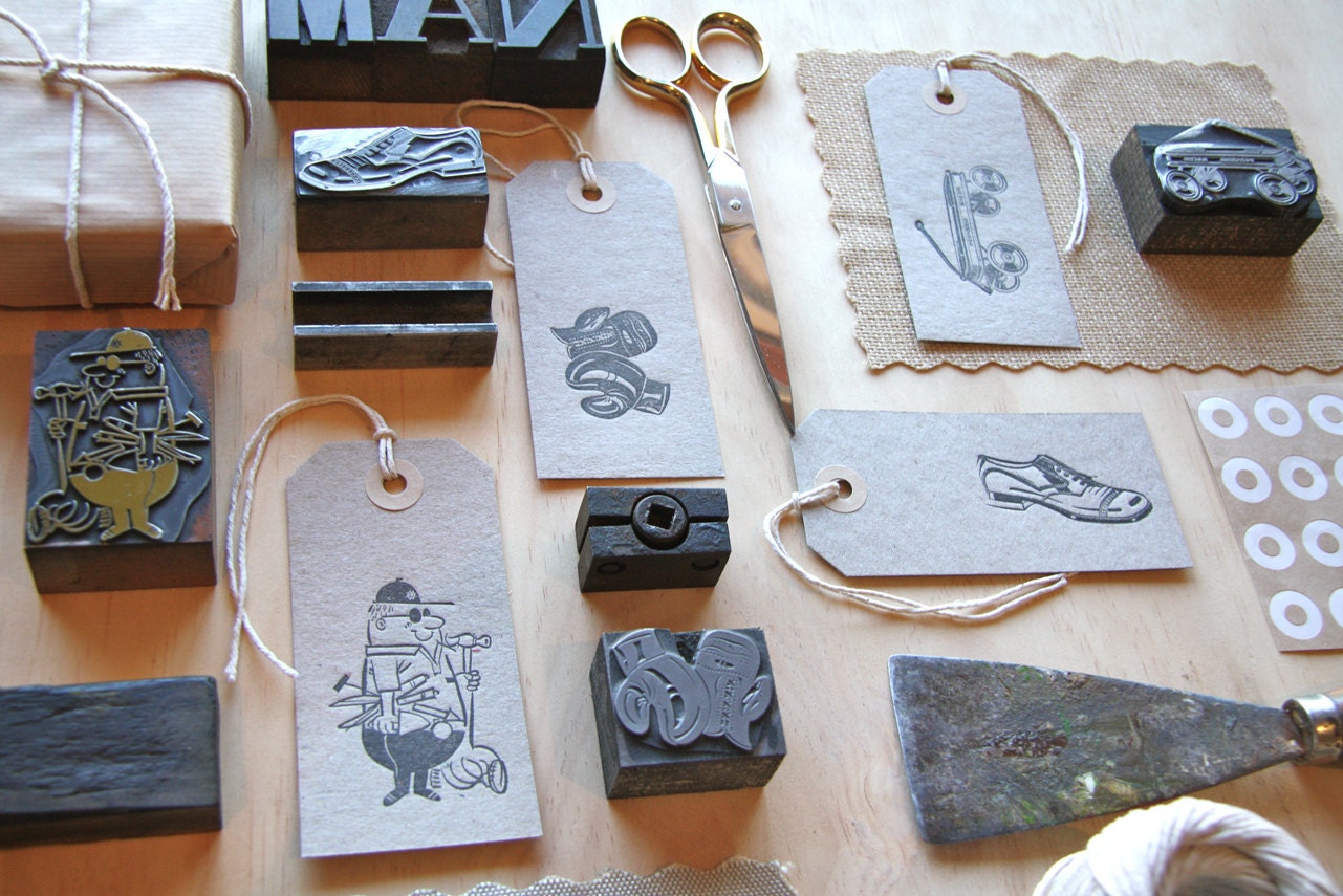 letterpress gift tags for men, dad, brother, husband, vintage wood blocks MAN TAGS - x 4 with vintage images