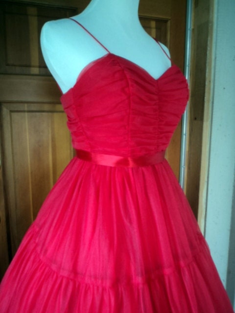 Vintage 60s Dress Chiffon Prom Sweetheart Gathered Bodice Full Tiers Formal XS 32 B