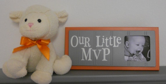 Orange and Gray Nursery Decor - Baby Boy Nursery Sports Photo Frame with Sign - OUR LITTLE MVP