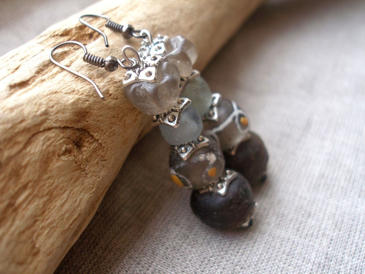 NUKUN African grey brown recycled glass and metal earrings by Fianaturals