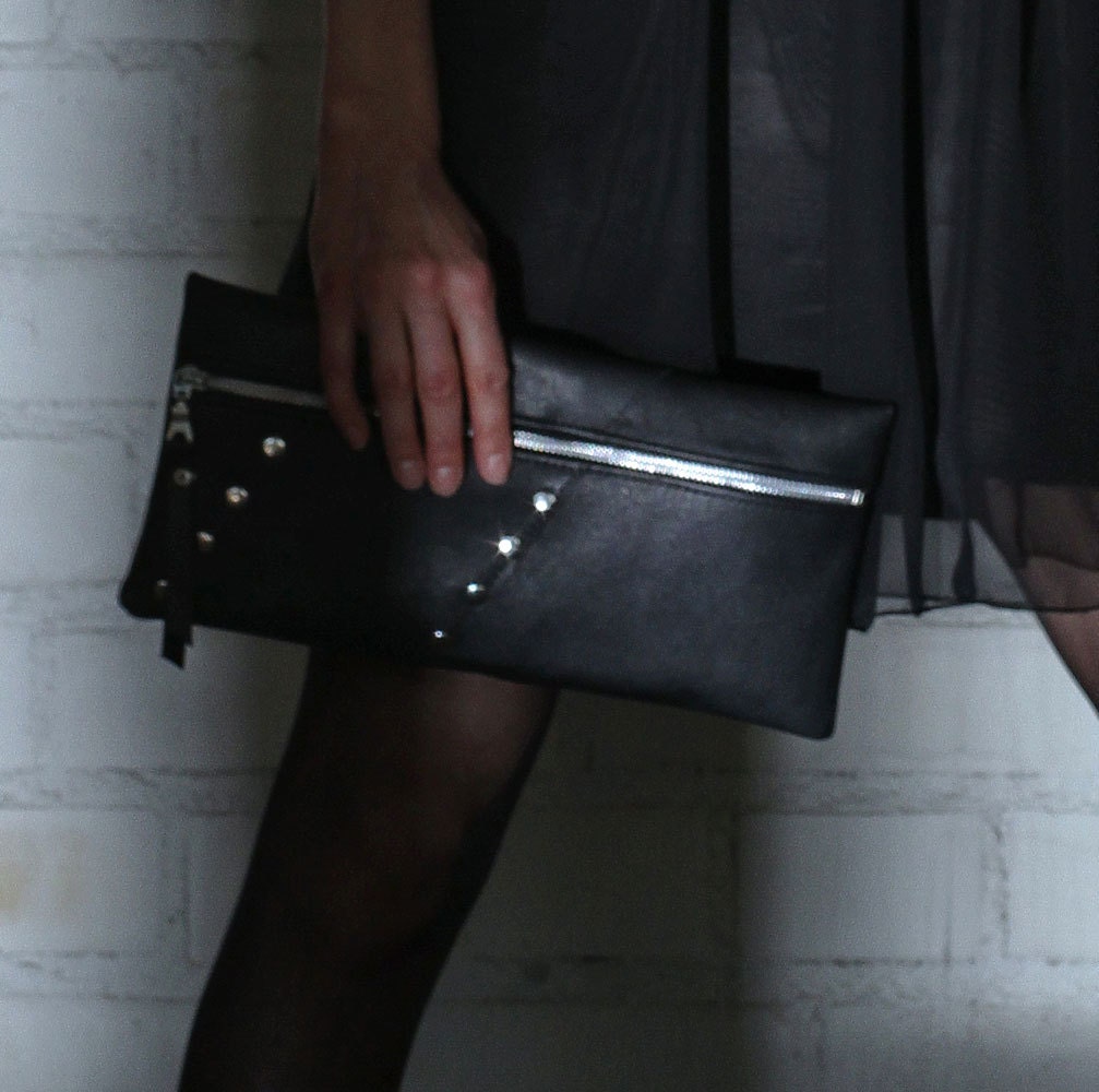 Black Leather Zipper Clutch with Silver Studs, Ecodesign, made from recycled leather - Exleather