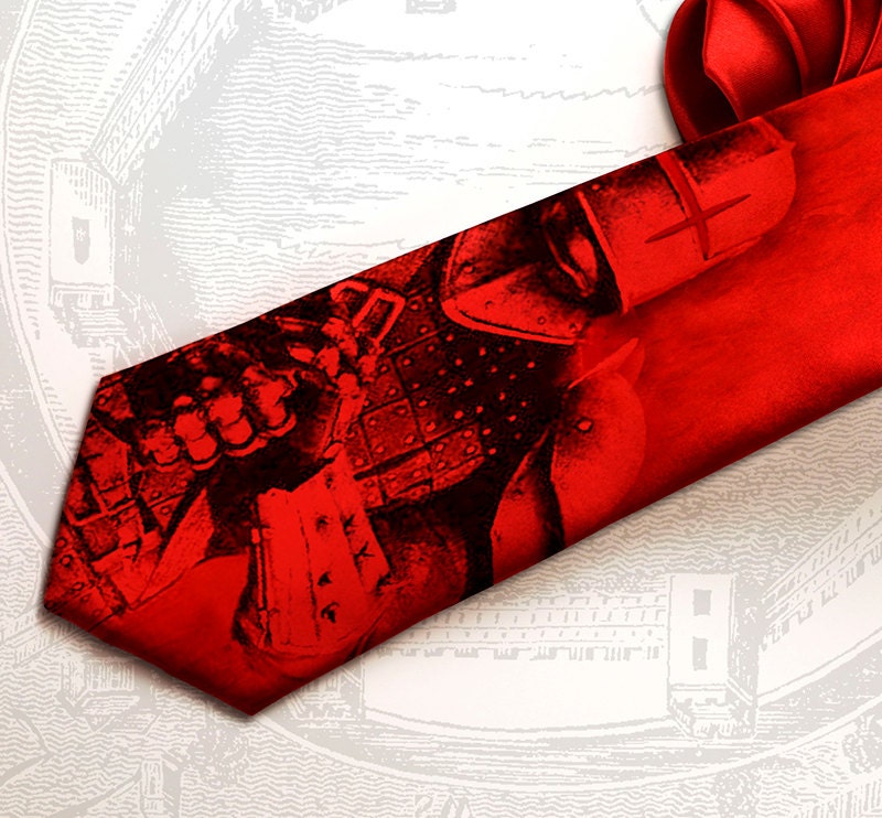 Dark knight inspired men's gothic tie. This steampunk necktie for men is red with medieval knight and armor design.