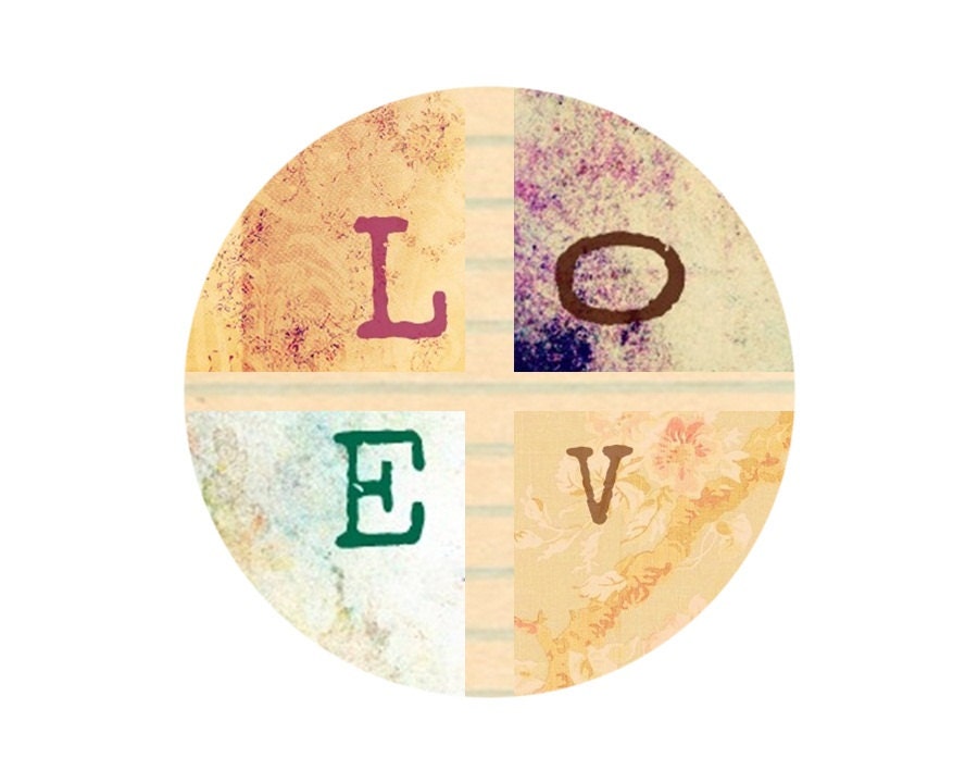 Vintage Grungy LOVE Letter - Digital Print -Romantic Fine Art Collage 5x7 (13x18 cm) White Circle Frame - Floral Concept - Texture Paper