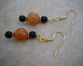 Orange Carnelian Gemstone Dangle Earrings Bright Copper Fire Black Glass Beaded Jewelry