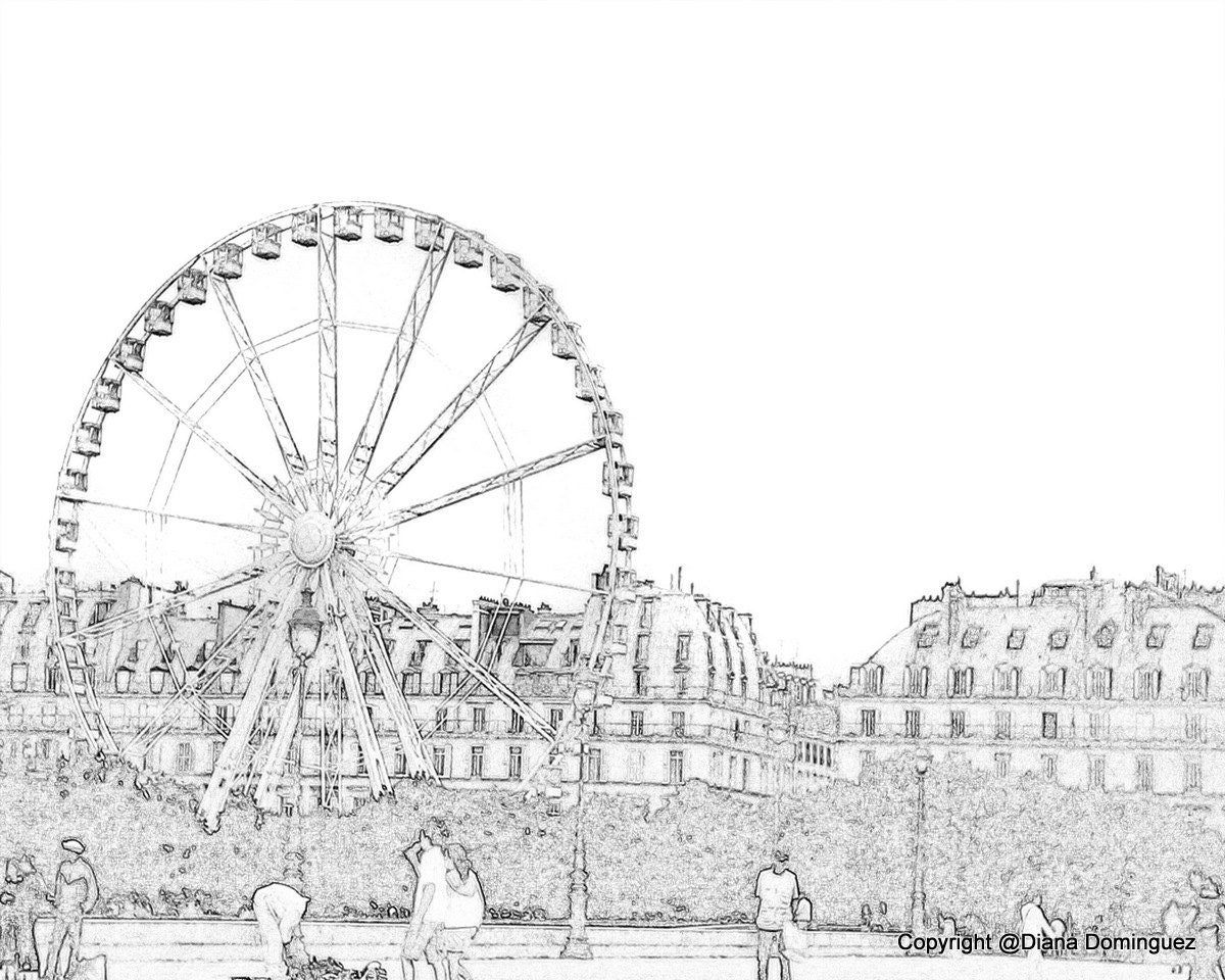 Faris Wheel at the Lourvre- Paris France Sketch 8x10 Ink  Drawing