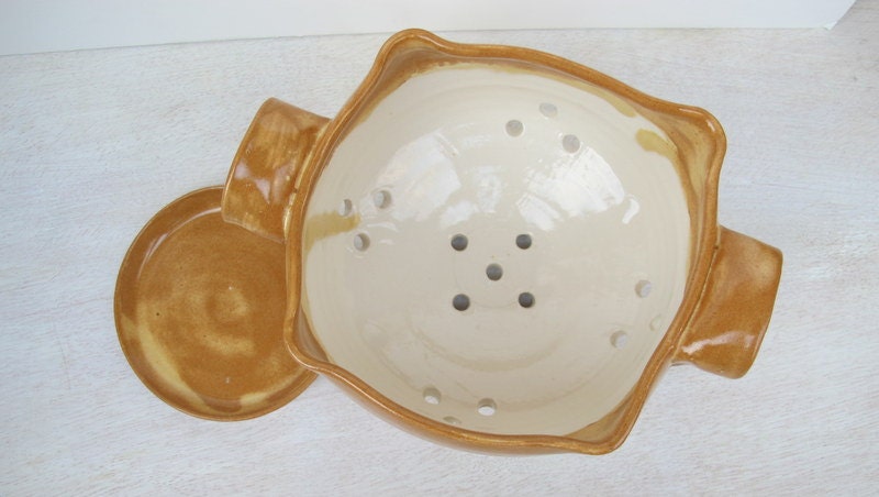 Ceramic Berry Bowl // Honey Mustard Yellow Colander // Handmade Pottery for Your Kitchen