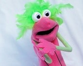 Pink and Lime Green Hand Puppet with Rod Arms Google Eye Muppet