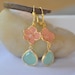 Gold Dangle Earrings with Coral Orange Flower and Aqua Teardrop. Dangle Earrings in Gold. Fashion Earrings.
