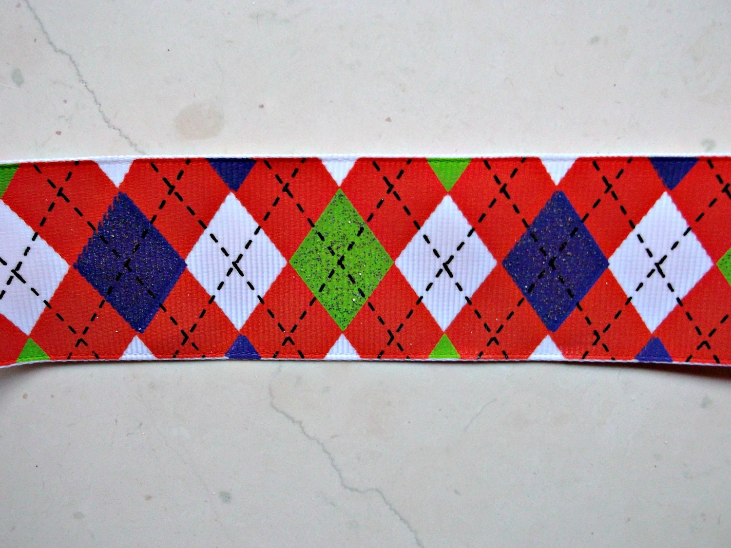 Orange, lime green & purple sparkly argyle printed on white 1 1/2" grosgrain ribbon Il_570xn