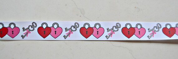 Heart locks with glitter keys on white 7/8 inch grosgrain ribbon Valentines day Il_570xn