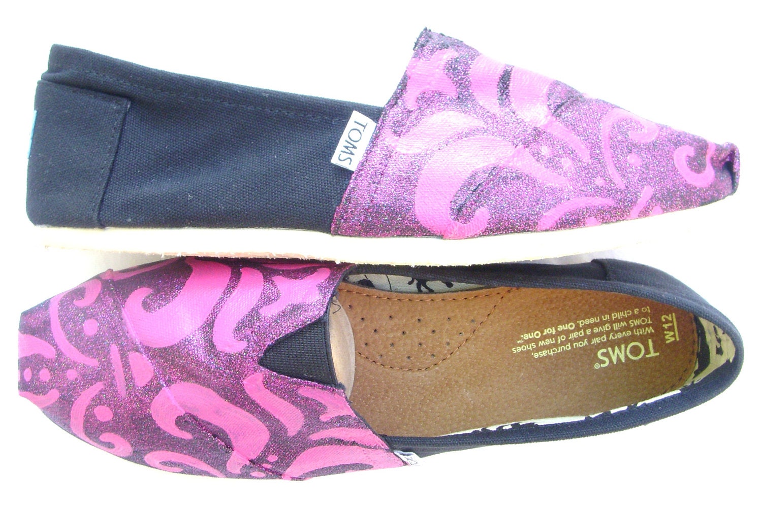 The Glitzy - Glittery Hot Pink and Black Damask Custom TOMS