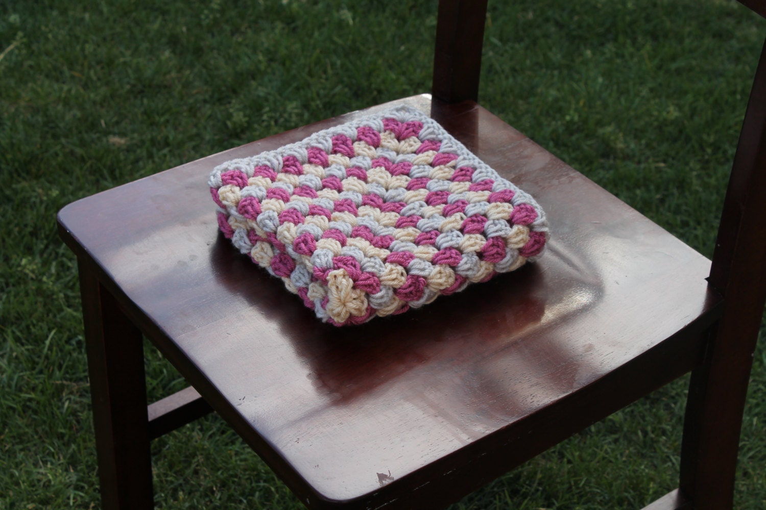 mini blanket in pink and beige. mini granny square photography prop blanket