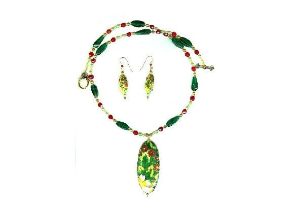 Fashion Jewelry Set Green, Red Cloisonne Pendants