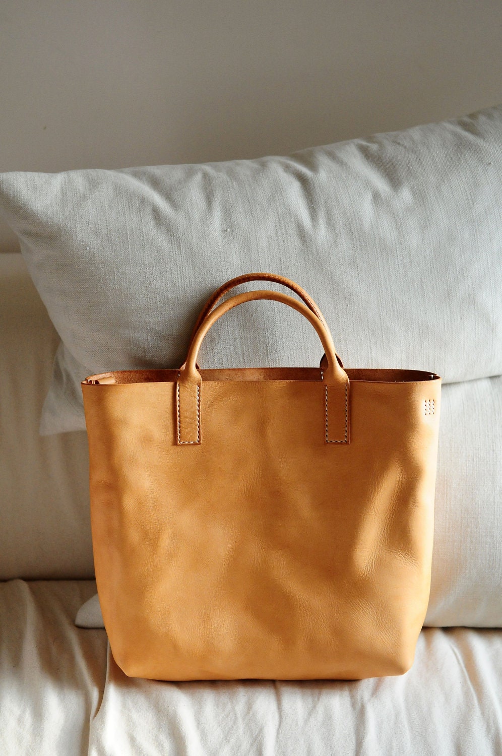 Hand Stitched Washed-Out Beige Color Leather Tote Bag