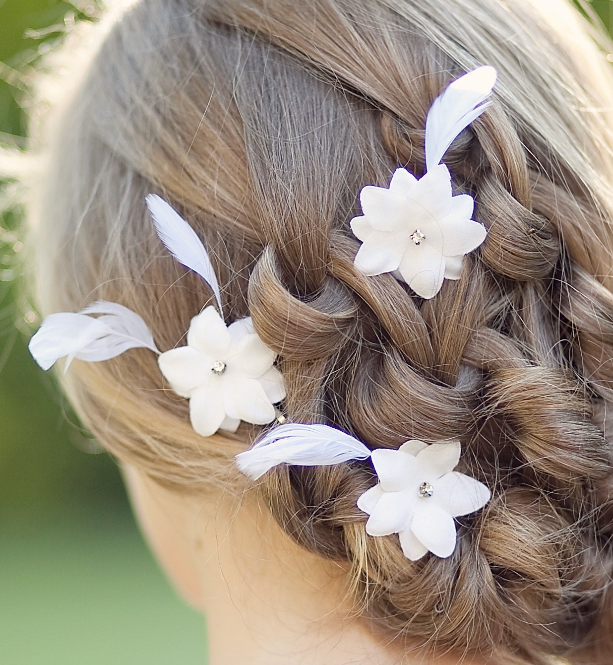 White Bridal Hair Flowers, Wedding Hair Accessories, Bridal Feather Flowers, White Rhinestone Bridal Hair Flower Pins - Set of 3