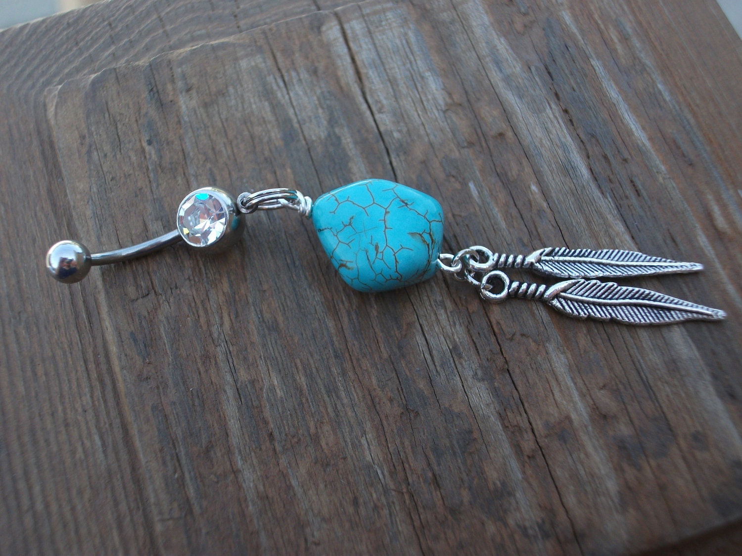 Turquoise Chunk with Feather Dangle Belly Ring 14 Gauge