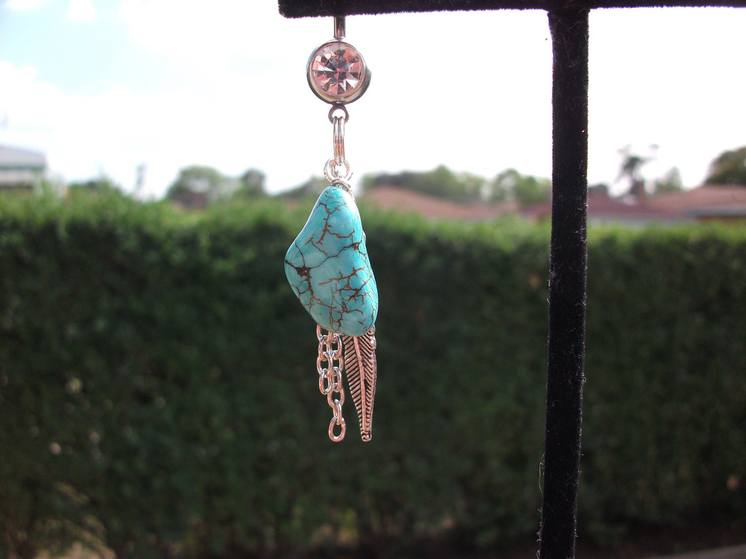 Turquoise Feather Dangle Hippy Boho Belly Ring 14 Gauge