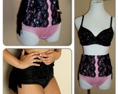 SEXY High Waisted Black and Pink Lace Crystal Fringe Burlesque Shorts