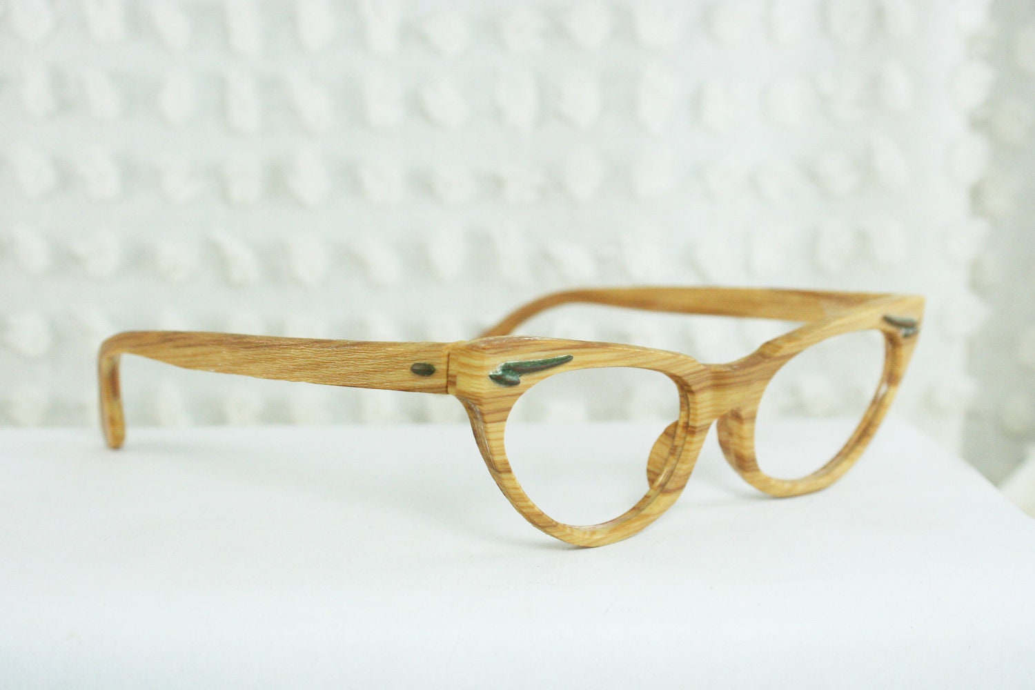 50s Wood Cat Eye Glasses 1950s Eyeglasses Natural Wooden Woodgrain 46/20 New Old Stock Optical Frame Italy