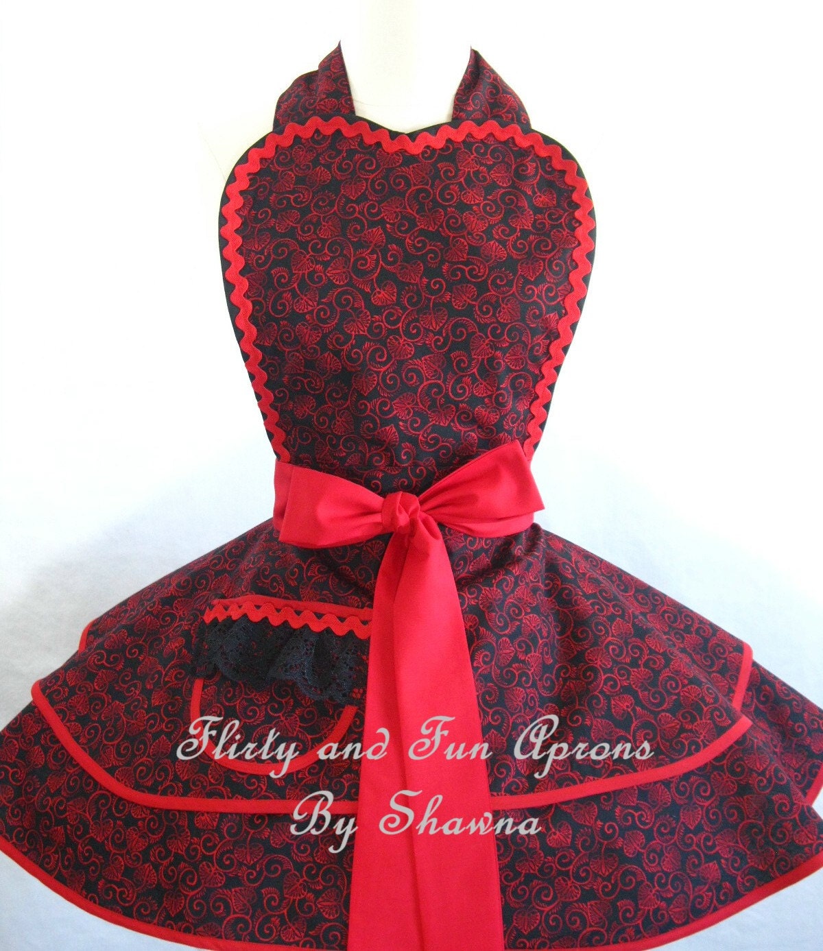 Romantic Black and Red Valentine Day Heart Damask Apron