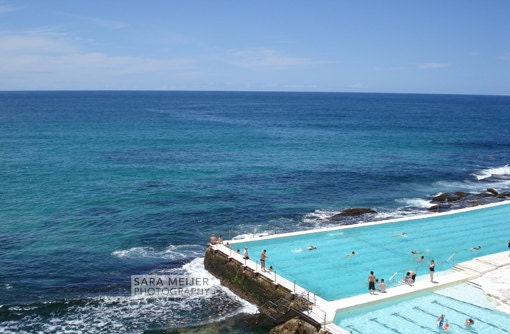 4"x 6" Photo of people swimming in the turqoise water of ocean pool in the blue Pacific Ocean waves at Bondi Beach in Australia in summer