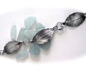 Fine Silver Four Leaf Bracelet w/Small Square Leaf Pattern Charm all with Patina/Oxidation