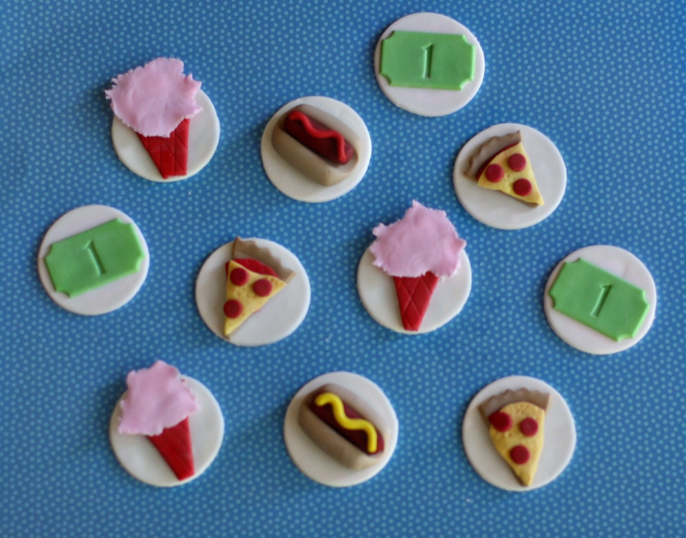 Fondant Pizza, Hot Dog, Cotton Candy and Ticket Fondant Cupcake Toppers Perfect for a Boardwalk or Circus Party