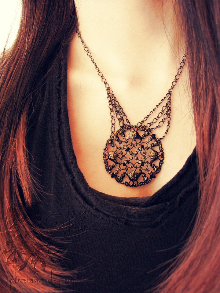 Charmed Necklace - Art Nouveau Gothic Floral Filigree Gunmetal Big Pendant - Victorian Medallion