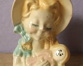 antique vase, 1940's Shawnee pottery country girl and rag doll wall pocket, yellow blue farm kitchen decor, girls bedroom