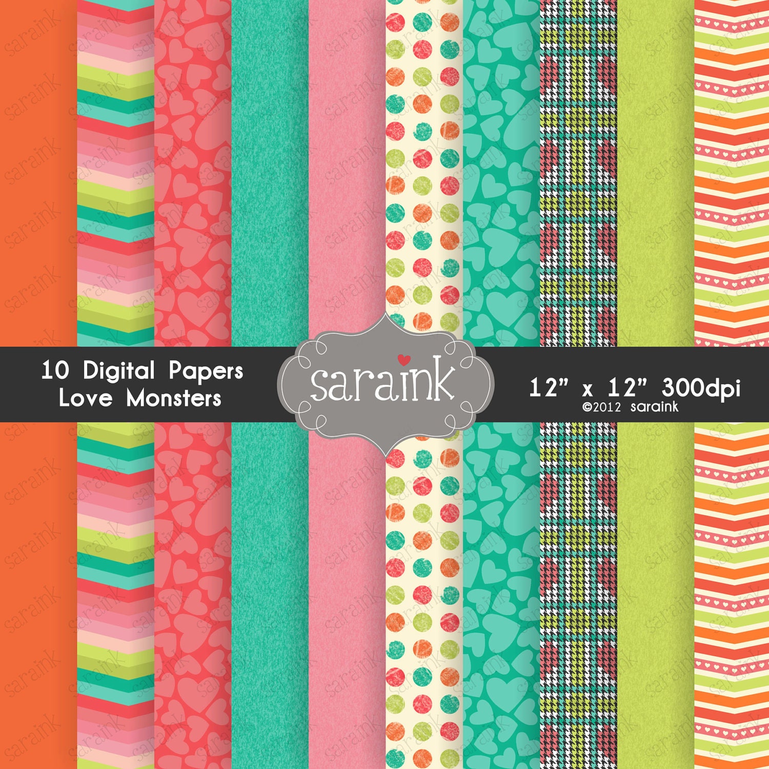 Instant Download Digital Backgrounds and Papers - for Personal and Commercial Use - Coordinates with Love Monsters Clipart