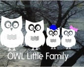 Vinyl Car Window Decal 5h x 9w - Family of 4 owls & wording "OWL Little Family"...PaPa, MaMa, two little ones - FREE Pink Bows-Blue Caps