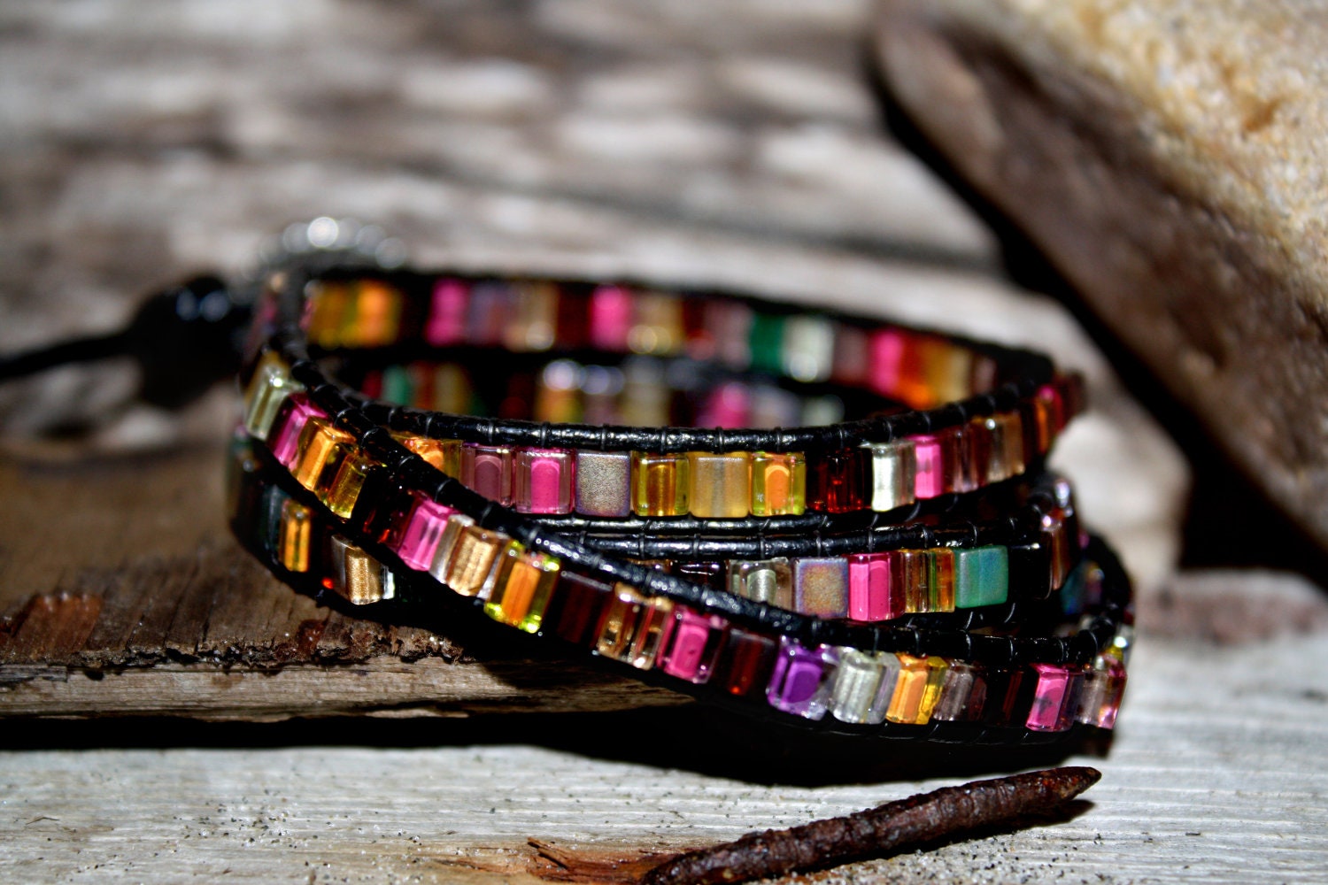 Custom Leather Three 3 Wrap Miyuki Square Glass Bead Bracelet